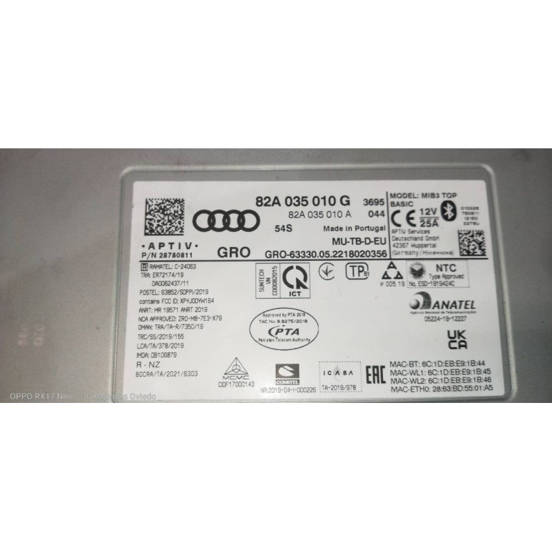 Recambio de sistema audio / radio cd para audi a1 sportback (gba) 25 tfsi adrenalin referencia OEM IAM 82A035010G 82A035010A MIB