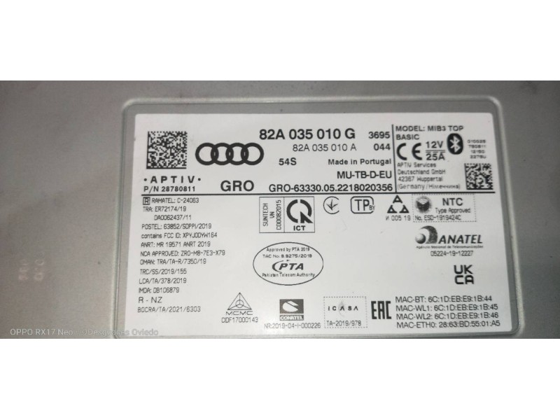 Recambio de sistema audio / radio cd para audi a1 sportback (gba) 25 tfsi adrenalin referencia OEM IAM 82A035010G 82A035010A MIB