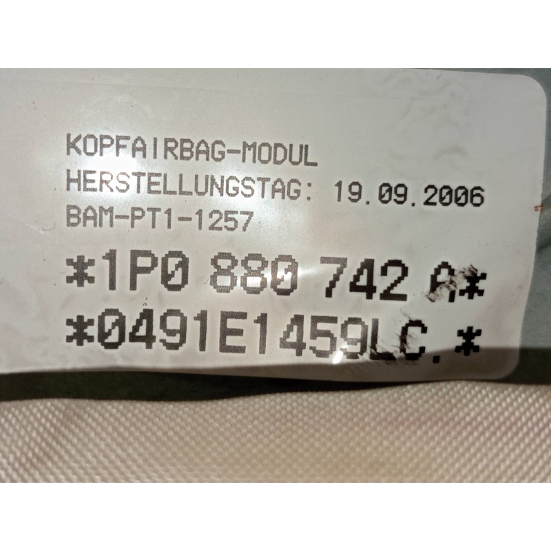 Recambio de airbag cortina delantero derecho para seat leon (1p1) 2.0 16v fsi referencia OEM IAM 1P0880742 16878922 
