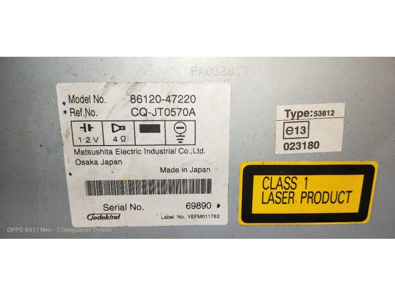 Recambio de sistema audio / radio cd para toyota prius (nhw20) basis referencia OEM IAM   
