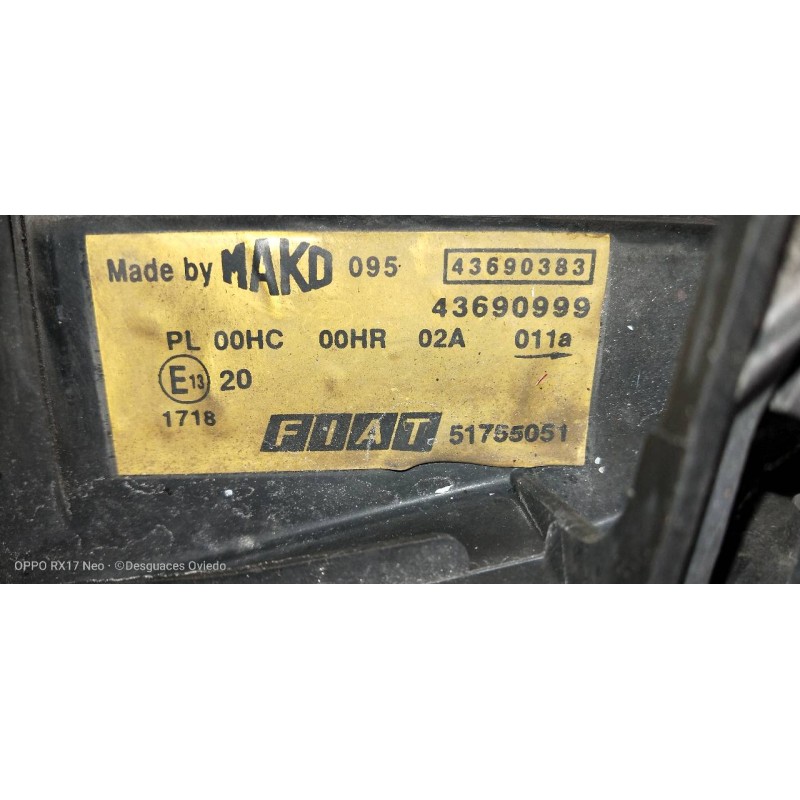 Recambio de faro izquierdo para fiat doblo cargo (223) 1.9 jtd sx furg. panorama referencia OEM IAM 51755051 43690999 