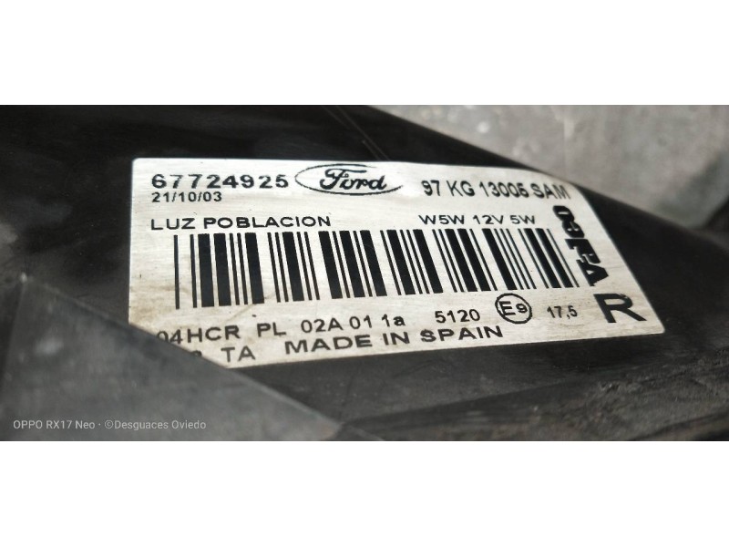 Recambio de faro derecho para ford ka (ccq) básico referencia OEM IAM 67724925 97KG13005SAM 