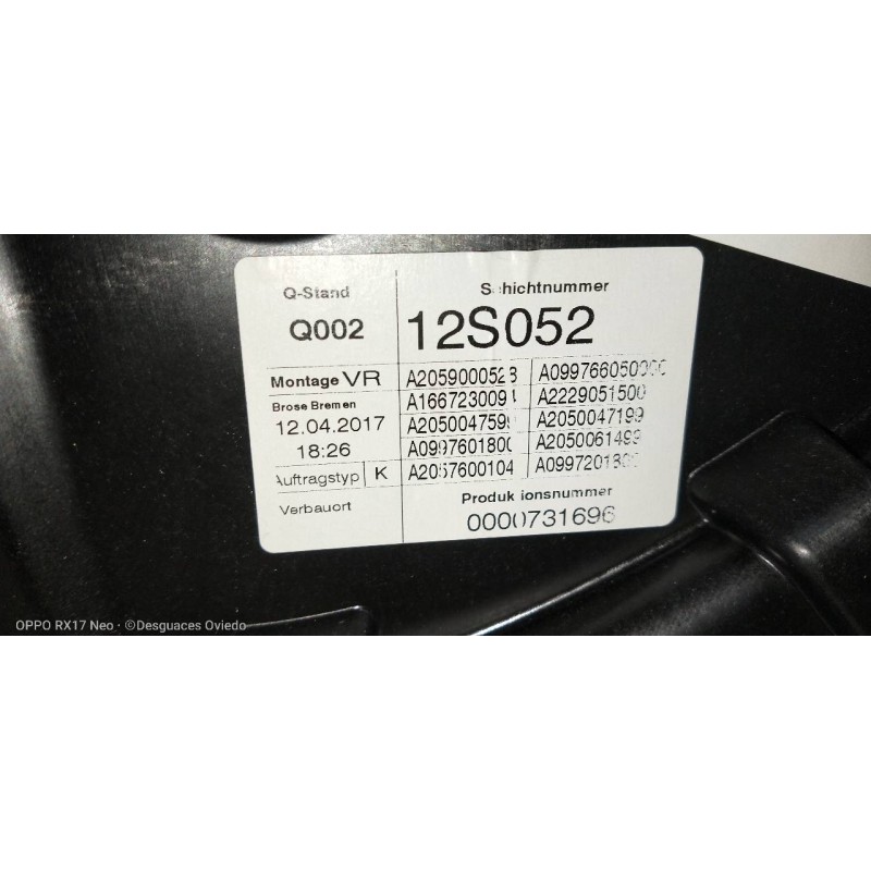 Recambio de elevalunas delantero derecho para mercedes clase c (w205) familiar c 220 t cdi bluetec (205.204) referencia OEM IAM 