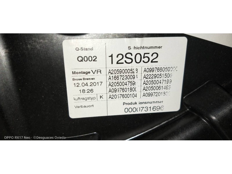 Recambio de elevalunas delantero derecho para mercedes clase c (w205) familiar c 220 t cdi bluetec (205.204) referencia OEM IAM 