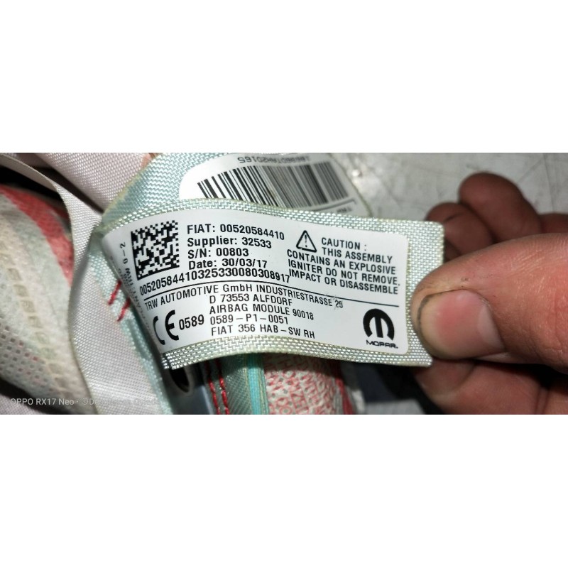 Recambio de airbag cortina delantero derecho para fiat tipo ii (357) fam lounge referencia OEM IAM 00520584410 34225369C 