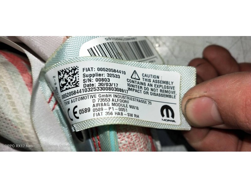 Recambio de airbag cortina delantero derecho para fiat tipo ii (357) fam lounge referencia OEM IAM 00520584410 34225369C 