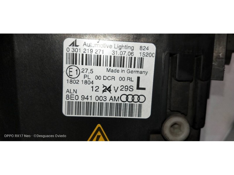 Recambio de faro izquierdo para audi a4 berlina (8e) 2.0 tfsi quattro (147kw) referencia OEM IAM 8E0941003AM 0301219271 