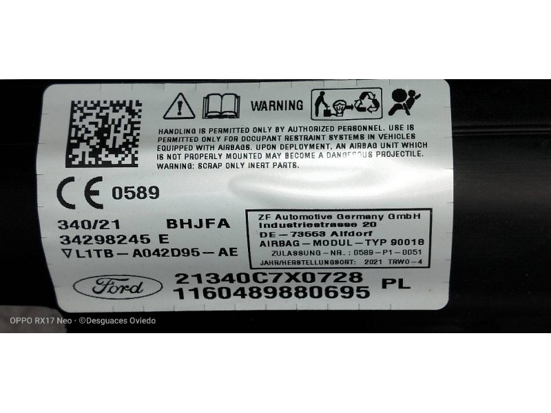 Recambio de airbag cortina delantero izquierdo para ford puma st-line referencia OEM IAM L1TBA042D95AE 21340C7X0728 