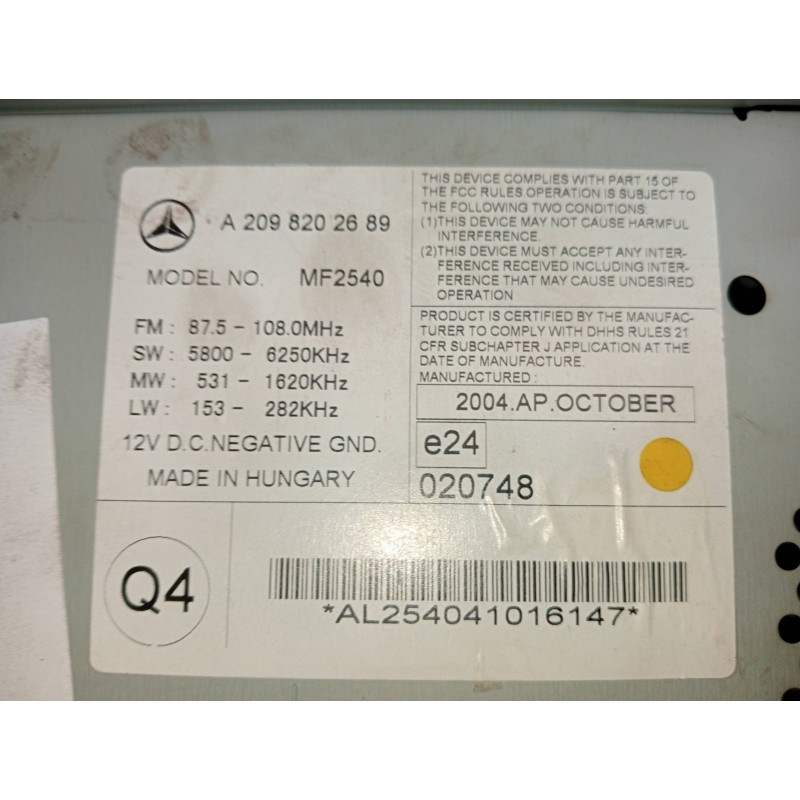 Recambio de sistema audio / radio cd para mercedes clase clk (w209) coupe 270 cdi (209.316) referencia OEM IAM A2098202689 MF254