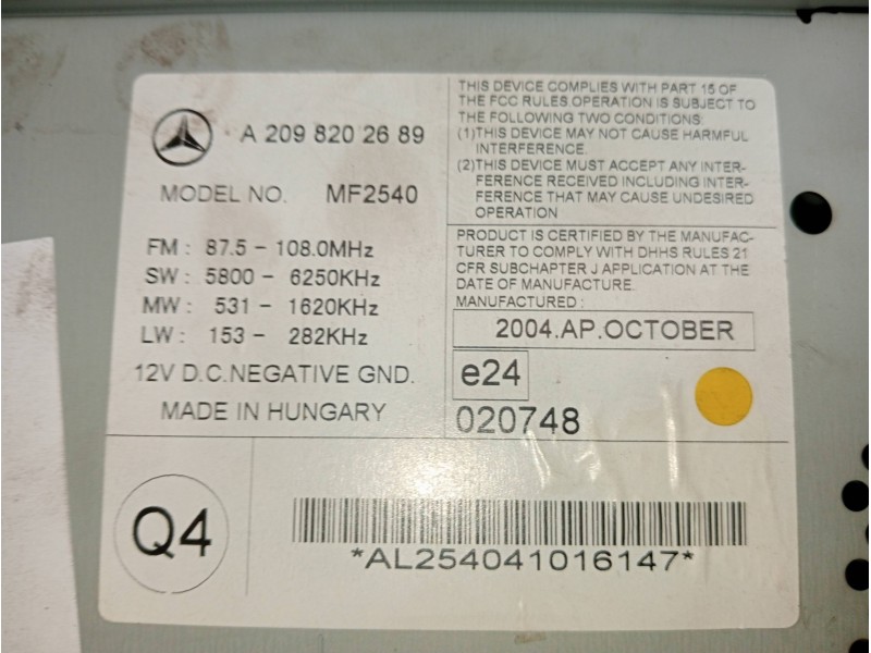 Recambio de sistema audio / radio cd para mercedes clase clk (w209) coupe 270 cdi (209.316) referencia OEM IAM A2098202689 MF254