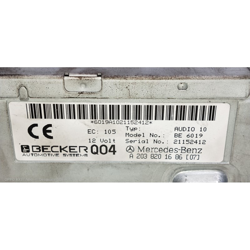 Recambio de sistema audio / radio cd para mercedes clase c (w203) sportcoupe c 220 cdi (203.706) referencia OEM IAM A20382016860