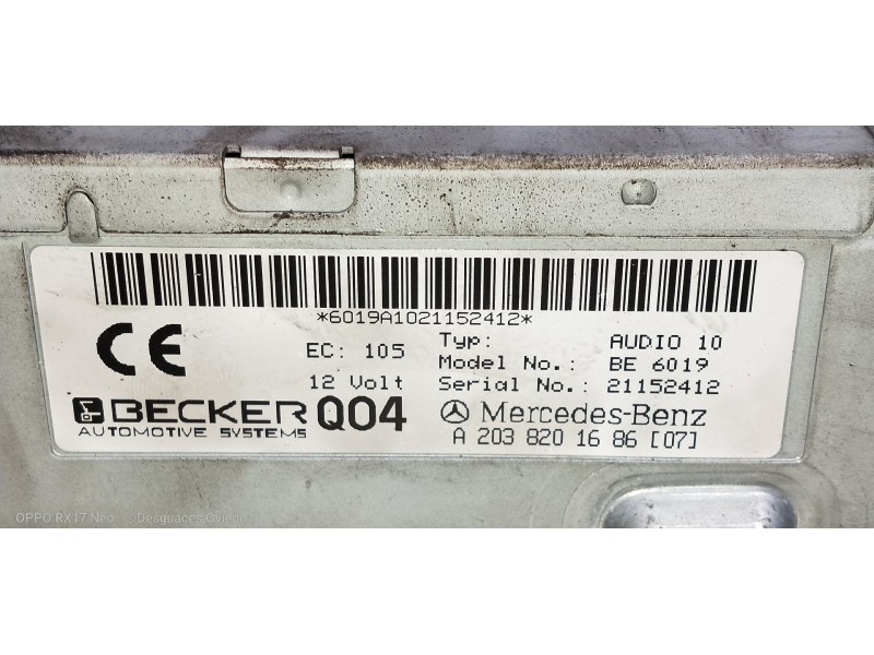 Recambio de sistema audio / radio cd para mercedes clase c (w203) sportcoupe c 220 cdi (203.706) referencia OEM IAM A20382016860