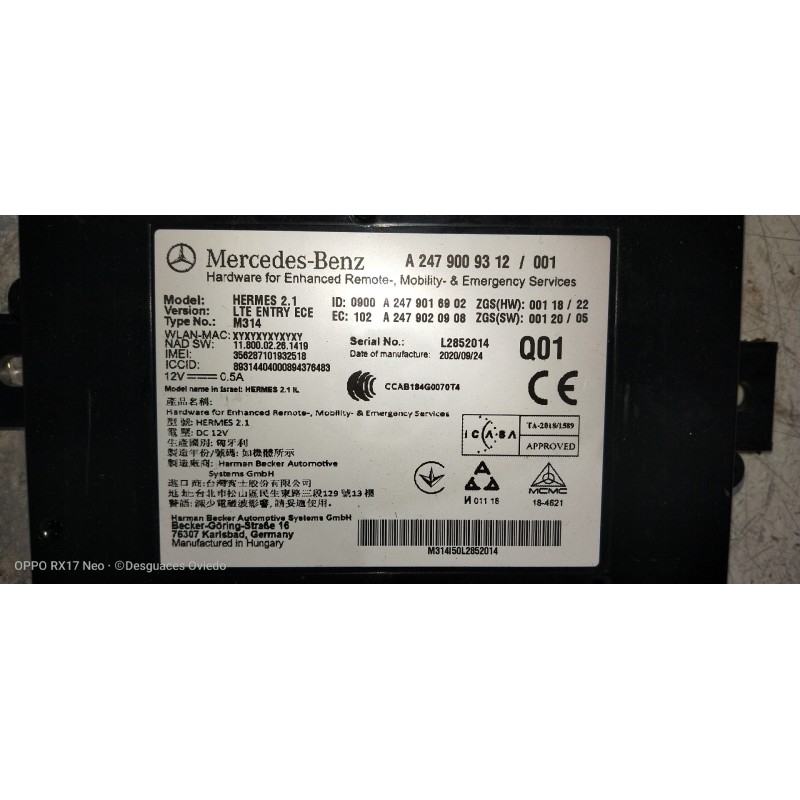 Recambio de modulo electronico para mercedes sprinter iii furgón fwd 2.1 cdi cat referencia OEM IAM A2479009312 A2479016902 A247