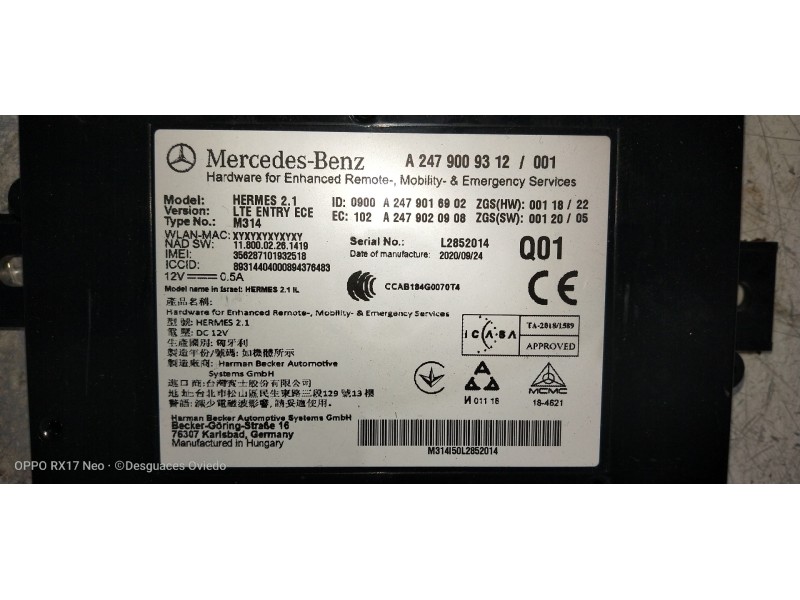 Recambio de modulo electronico para mercedes sprinter iii furgón fwd 2.1 cdi cat referencia OEM IAM A2479009312 A2479016902 A247