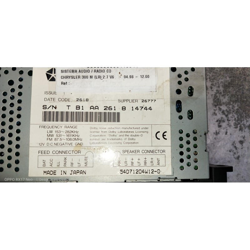 Recambio de sistema audio / radio cd para chrysler 300 m (lr) 2.7 v6 referencia OEM IAM TB1AA261814744 54D71204W120 