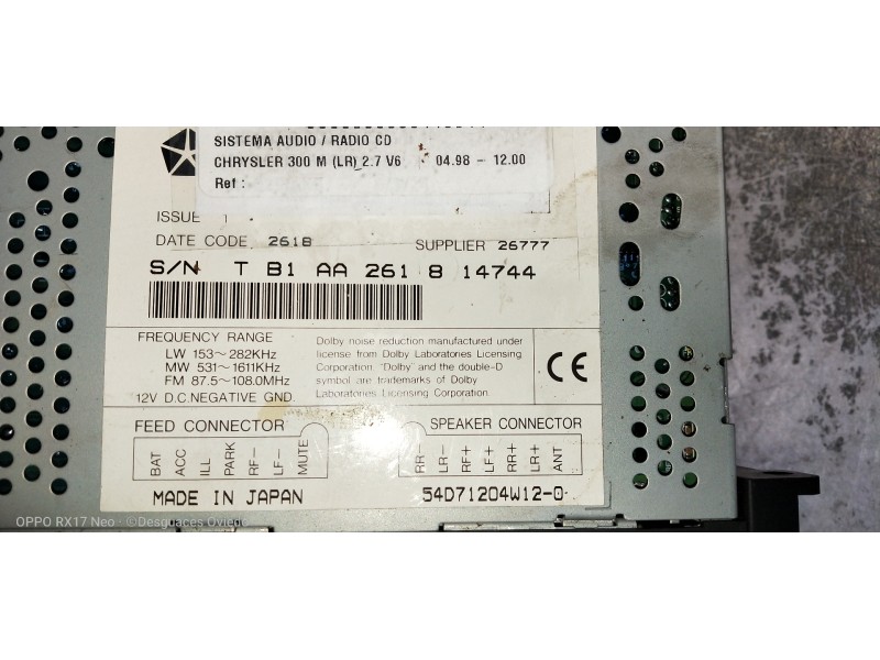 Recambio de sistema audio / radio cd para chrysler 300 m (lr) 2.7 v6 referencia OEM IAM TB1AA261814744 54D71204W120 