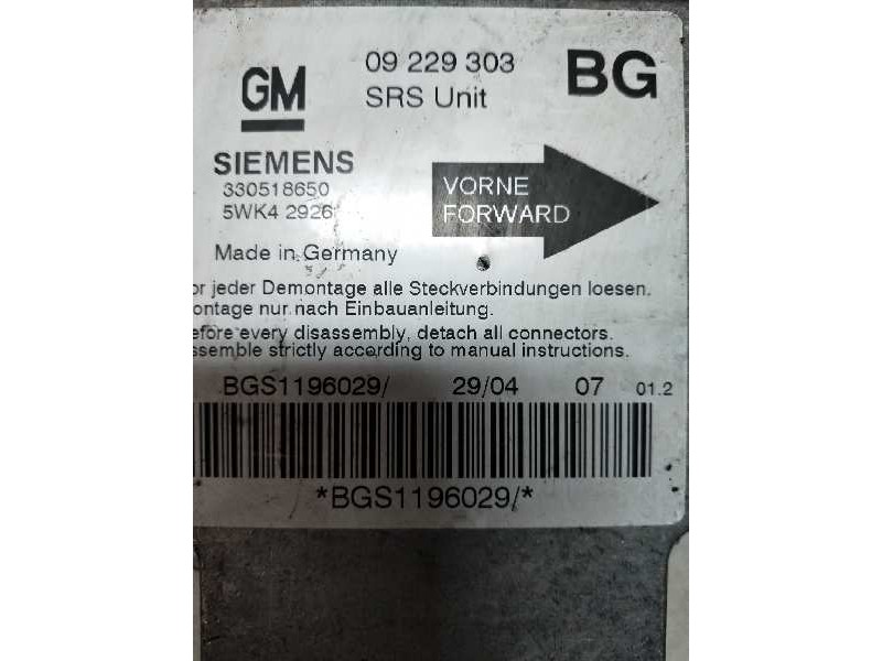 Recambio de centralita airbag para opel zafira a 2.0 dti referencia OEM IAM 5WK42926 330518650 09229303