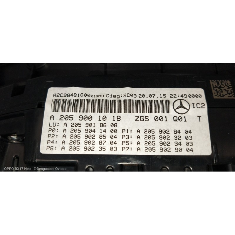 Recambio de cuadro instrumentos para mercedes clase c (w205) lim. 2.1 cdi cat referencia OEM IAM A2059001018 A2C98481600 A205901