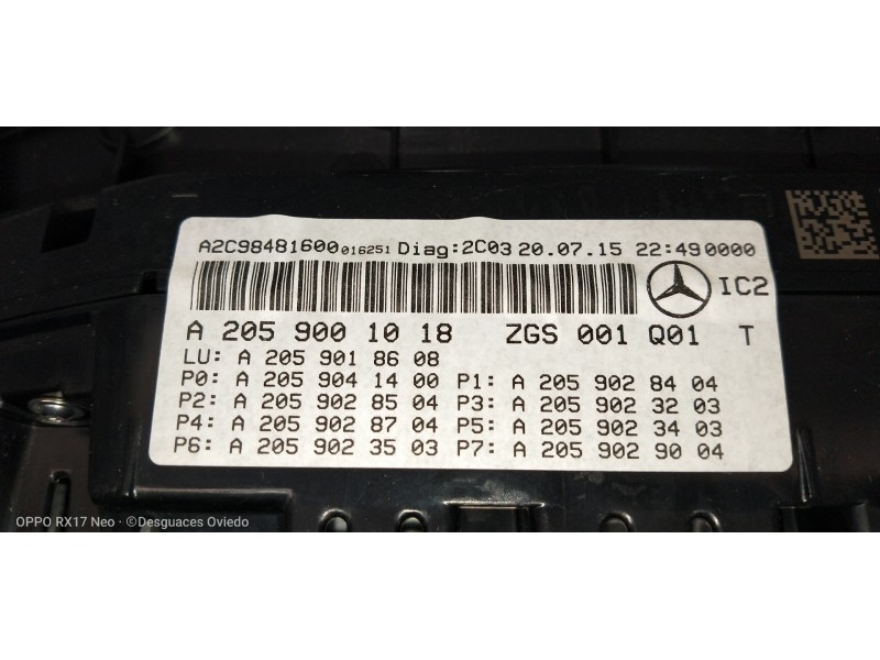 Recambio de cuadro instrumentos para mercedes clase c (w205) lim. 2.1 cdi cat referencia OEM IAM A2059001018 A2C98481600 A205901