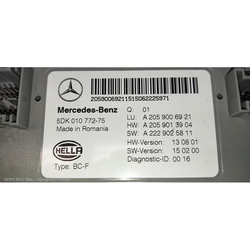 Recambio de modulo electronico para mercedes clase c (w205) lim. 2.1 cdi cat referencia OEM IAM A2059006921 A2059013904 A2229025