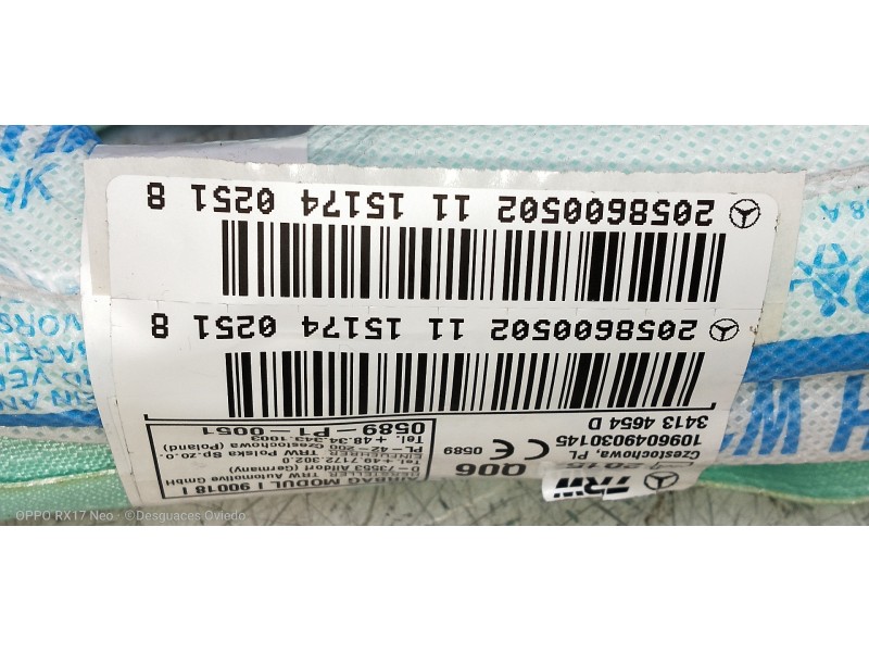 Recambio de airbag cortina delantero derecho para mercedes clase c (w205) lim. 2.1 cdi cat referencia OEM IAM 2058600502  