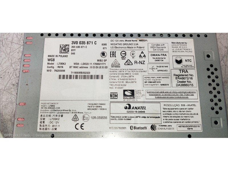 Recambio de sistema navegacion gps para skoda superb (3v3) active referencia OEM IAM 3V0035871C  