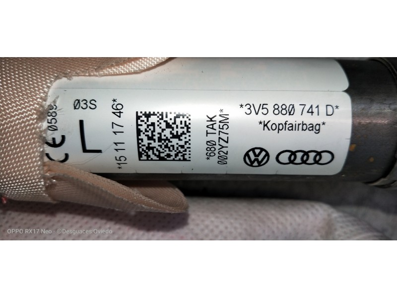 Recambio de airbag cortina delantero izquierdo para skoda superb (3v3) active referencia OEM IAM 3V5880741D  