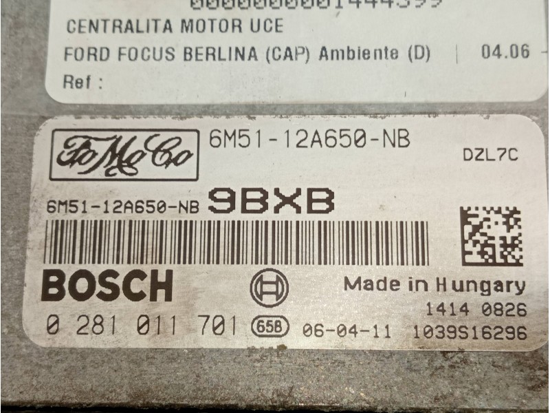Recambio de centralita motor uce para ford focus berlina (cap) ambiente (d) referencia OEM IAM 6M5112A650NB 0281011701 