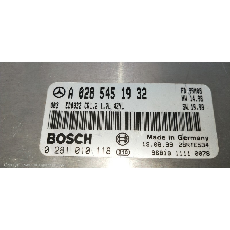 Recambio de centralita motor uce para mercedes clase a (w168) 170 cdi (168.008) referencia OEM IAM 0281010118 A0285451932 
