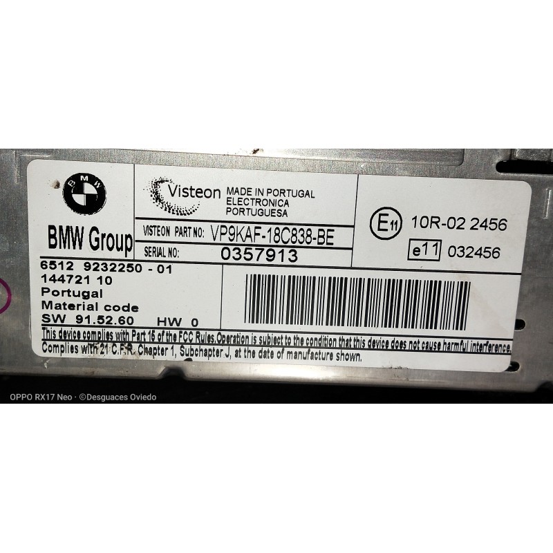 Recambio de sistema audio / radio cd para bmw serie 3 berlina (e90) 318i referencia OEM IAM VP9KAF18C838BE 6512923225001 1447211