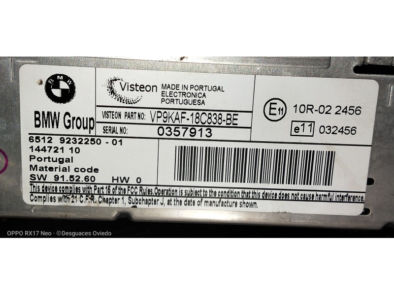 Recambio de sistema audio / radio cd para bmw serie 3 berlina (e90) 318i referencia OEM IAM VP9KAF18C838BE 6512923225001 1447211