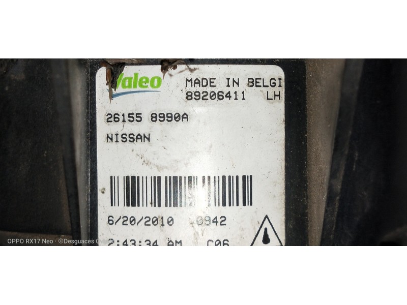 Recambio de faro antiniebla izquierdo para nissan qashqai (j10) acenta referencia OEM IAM 89206411 26155 8990A