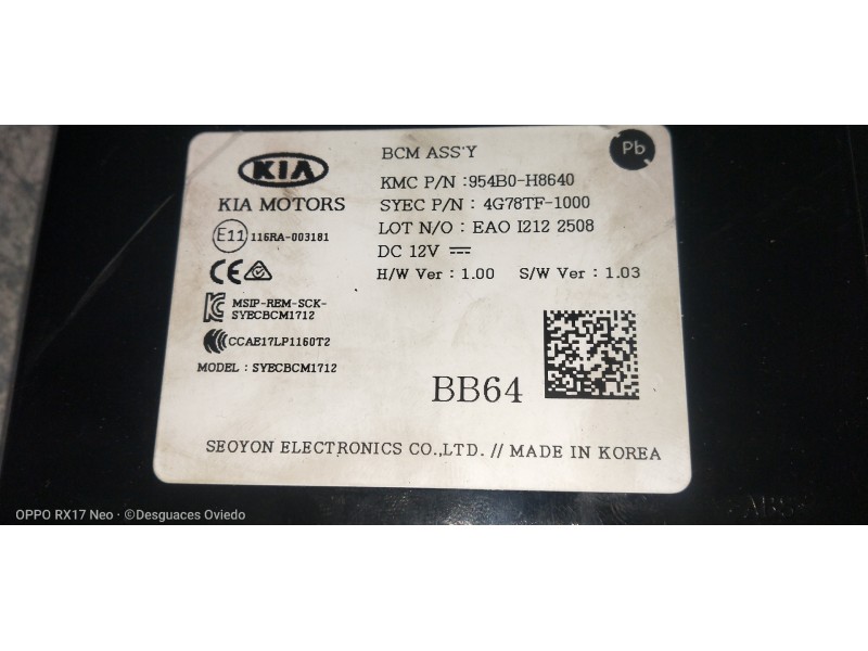Recambio de modulo electronico para kia rio (yb) 1.2 cat referencia OEM IAM 954B0H8640 4G78TF1000 