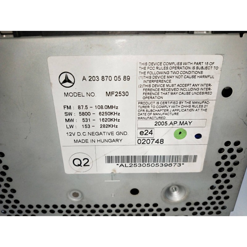 Recambio de sistema audio / radio cd para mercedes clase c (w203) berlina 220 cdi (la) (203.008) referencia OEM IAM A2038700589 