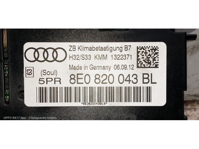Recambio de mando calefaccion / aire acondicionado para seat exeo berlina (3r2) reference referencia OEM IAM 8E0820043BL 1322371