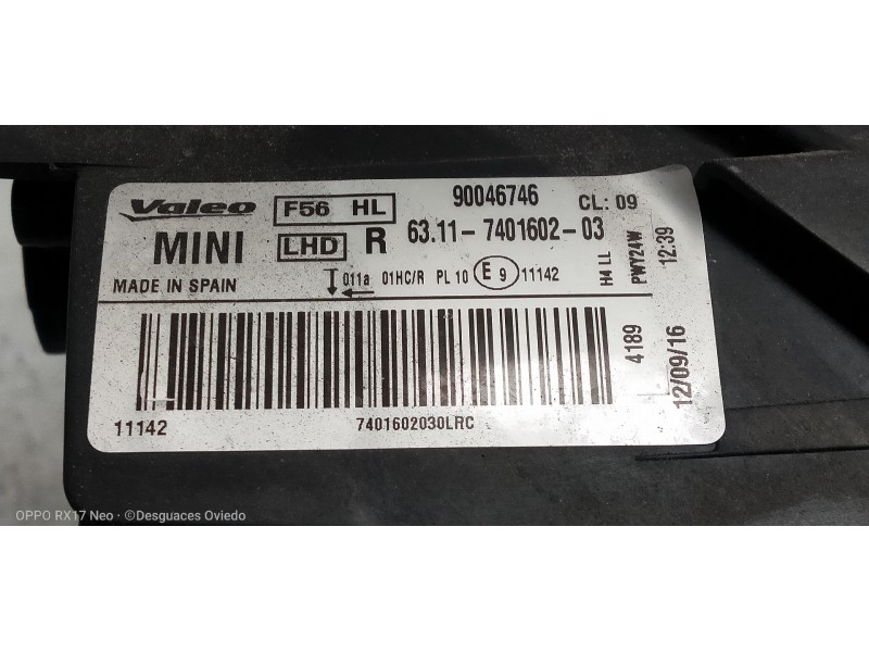 Recambio de faro derecho para mini mini (f56) one first referencia OEM IAM   