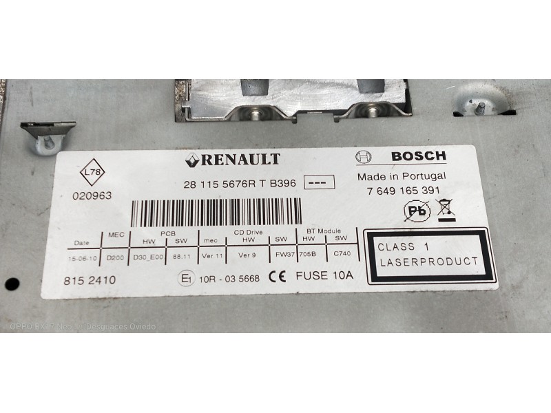 Recambio de sistema audio / radio cd para renault laguna iii 2.0 i referencia OEM IAM 281155676RTB396 7649165391 