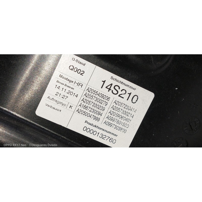 Recambio de elevalunas trasero derecho para mercedes clase c (w205) lim. c 220 cdi bluetec (205.004) referencia OEM IAM A2055409