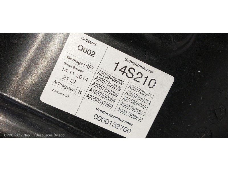 Recambio de elevalunas trasero derecho para mercedes clase c (w205) lim. c 220 cdi bluetec (205.004) referencia OEM IAM A2055409