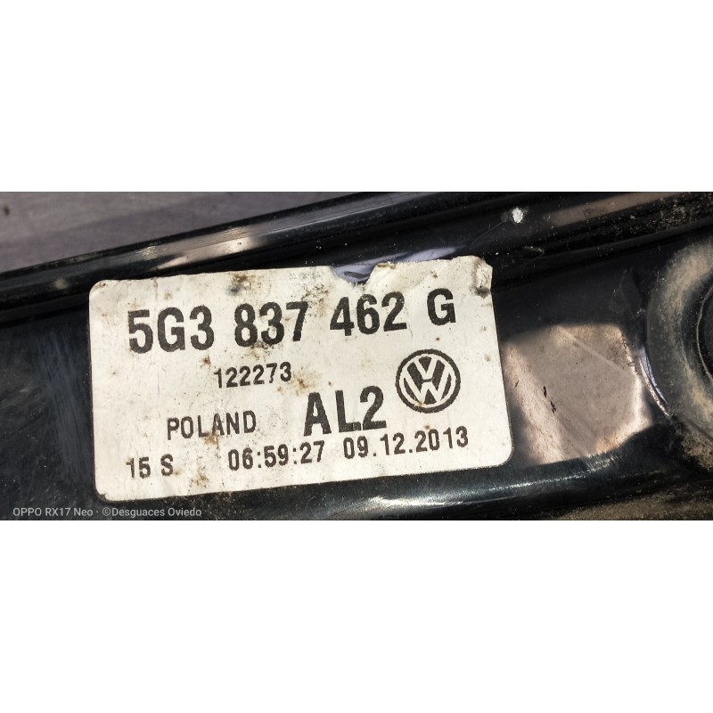 Recambio de elevalunas delantero derecho para volkswagen golf vii lim. (5g1) 2.0 tdi referencia OEM IAM 5G3837462G 122273 3P