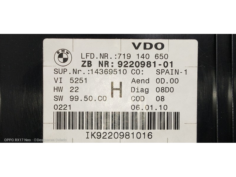 Recambio de cuadro instrumentos para bmw serie 3 berlina (e90) 330i referencia OEM IAM 922098101 719140650 14369510