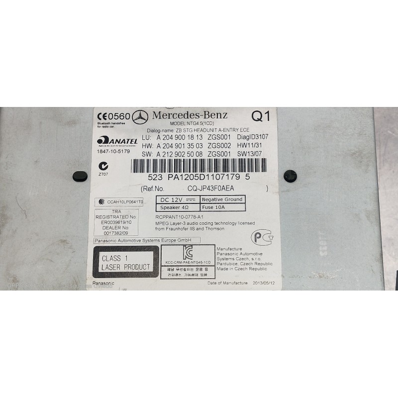 Recambio de sistema audio / radio cd para mercedes clase c (w204) lim. c 180 cdi blueefficiency (204.000) referencia OEM IAM A20