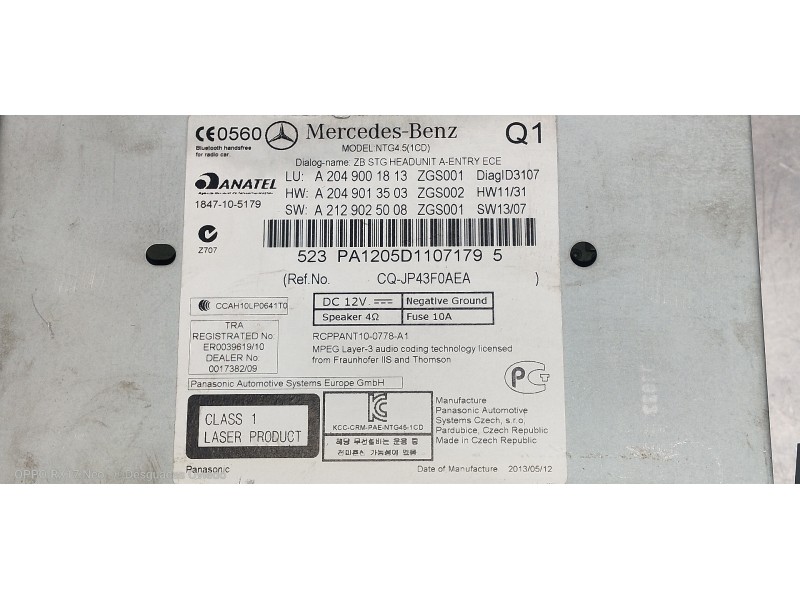 Recambio de sistema audio / radio cd para mercedes clase c (w204) lim. c 180 cdi blueefficiency (204.000) referencia OEM IAM A20