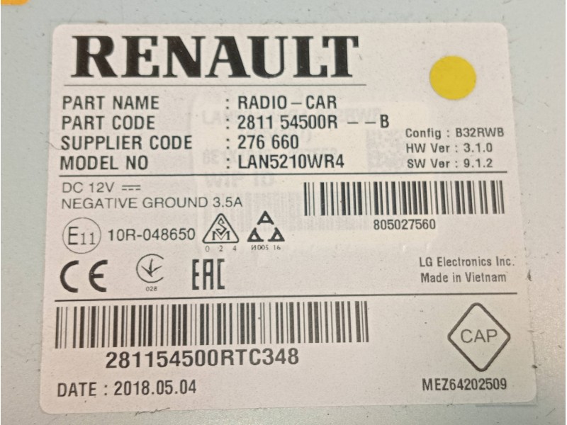 Recambio de sistema audio / radio cd para renault clio iv limited referencia OEM IAM 281154500R 276660 281154500RTC348