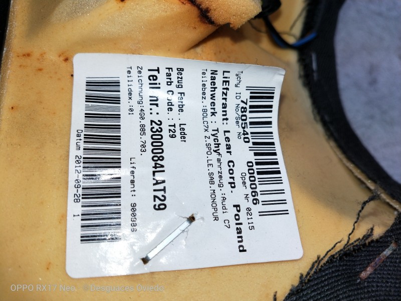 Recambio de airbag lateral trasero izquierdo para audi a6 allroad quattro (4gh) 3.0 v6 24v tdi referencia OEM IAM 4G0885703  