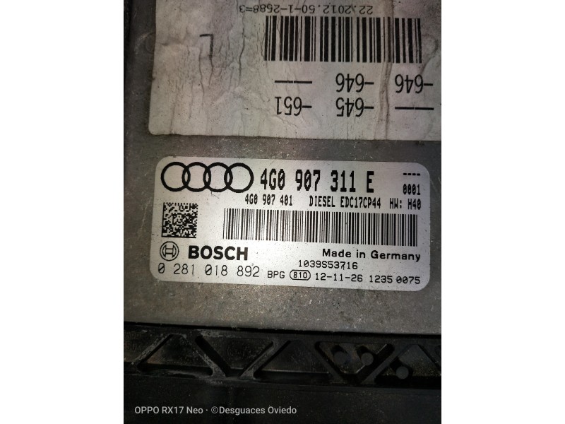 Recambio de centralita motor uce para audi a6 allroad quattro (4gh) 3.0 v6 24v tdi referencia OEM IAM 0281018892 4G0907401 EDC17