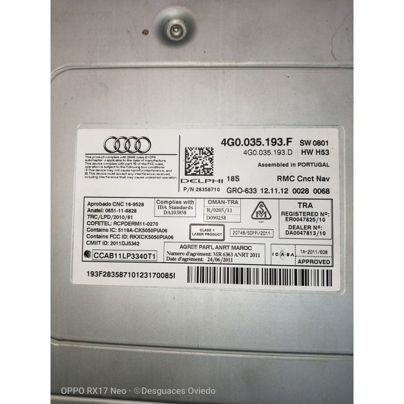 Recambio de sistema navegacion gps para audi a6 allroad quattro (4gh) 3.0 v6 24v tdi referencia OEM IAM 4G0035193F 00280068 