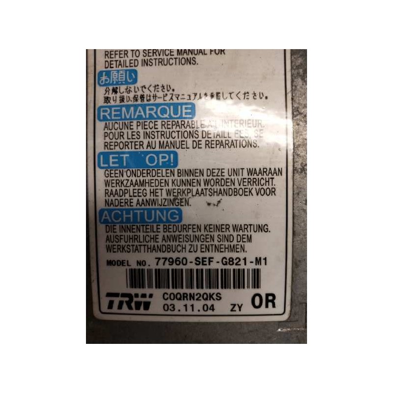 Recambio de centralita airbag para honda accord berlina (cl/cn) 2.2i ctdi sport referencia OEM IAM 77960 G821M1 C0QRN2QKS