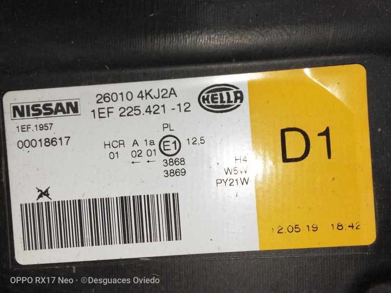 Recambio de faro derecho para nissan navara pick-up d23 2.3 dci referencia OEM IAM 260104KJ2A 1EF22542112 