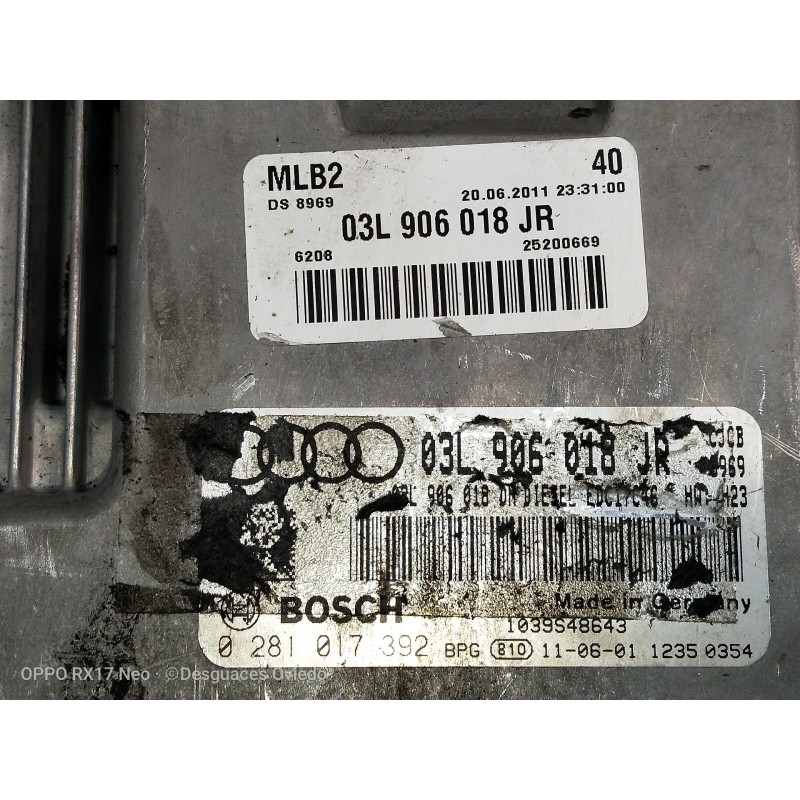 Recambio de centralita motor uce para audi a4 ber. (b8) 2.0 16v tdi referencia OEM IAM 03L906018JR 0281017392 25200669